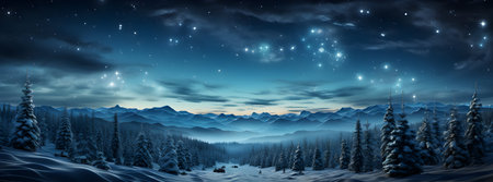 Fantastic winter landscape with snowy fir trees and blue sky with starsの素材