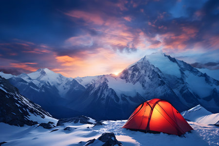 Tourist tent in the mountains at sunset, Khumbu valley, Nepalの素材