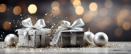 Christmas gift boxes with silver baubles on bokeh backgroundの素材