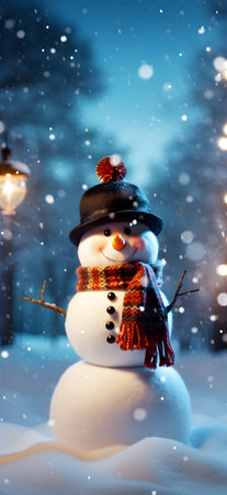 Snowman on the background of a winter landscape. Christmas and New Year.の素材