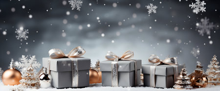 Christmas gift boxes on snow with snowflakes. 3d renderingの素材