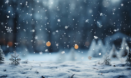 Winter forest with snowflakes and bokeh. Christmas backgroundの素材
