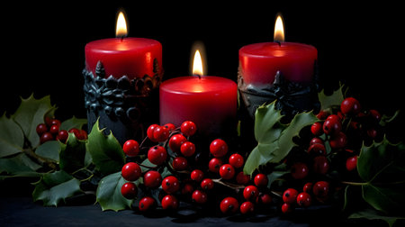 Christmas decoration with burning candles and holly berry on black backgroundの素材