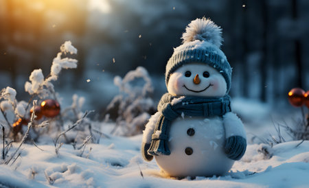 Funny snowman in winter forest at sunset. Christmas and New Year concept.の素材