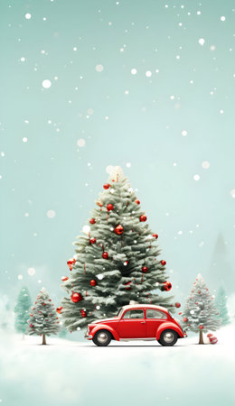 Christmas tree and red car on snowy background. 3D illustrations.の素材