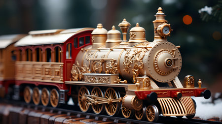 Toy train on the background of the Christmas tree. Christmas decoration.の素材