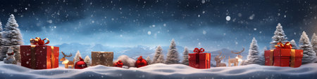 Christmas background with presents and reindeer in snowy landscape 3D renderingの素材