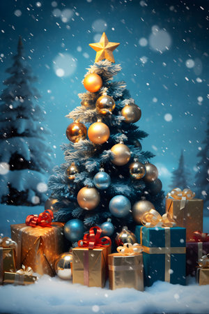 Christmas tree with gifts and decorations on a blue background. New Year.の素材