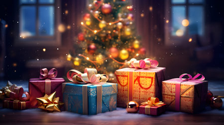 Christmas presents with christmas tree in the background. 3d renderingの素材