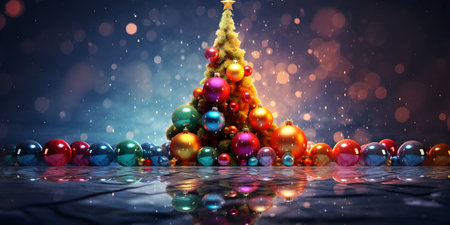 3D rendering of christmas tree with colorful baubles.の素材