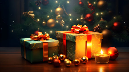 Christmas presents with ornaments on wooden table. Christmas background.の素材