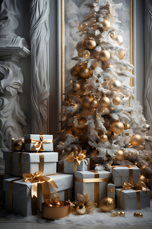 Christmas tree with gift boxes and decorations. Luxury home interior.の素材