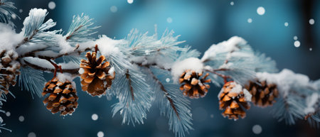 Christmas background with fir branches covered with hoarfrost and snow.の素材