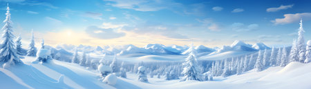 Winter landscape with snow covered fir trees. Panoramic banner.の素材