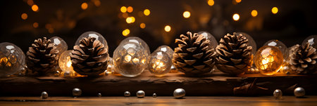 Christmas lights and pine cones on wooden background with bokeh effectの素材