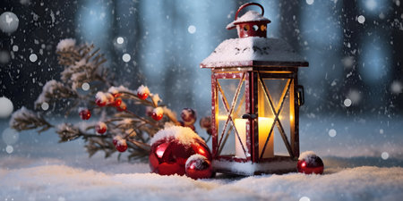 Christmas lantern with burning candle and decorations on snow background. Christmas greeting card.の素材