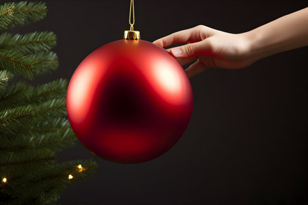Hand holding a red christmas ball on a black background with fir branchesの素材