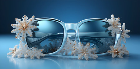3d illustration of sunglasses with snowflakes on blue background.の素材