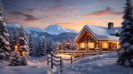 Wooden house in winter mountains at sunset. Landscape panorama.の素材