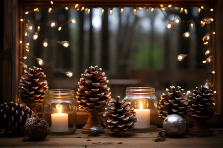 Christmas decoration with pine cones, burning candles and bokeh lightsの素材