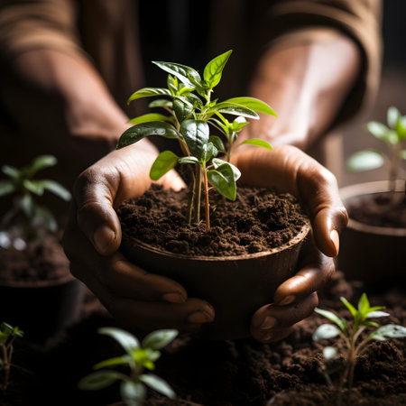 Close up of hands holding young seedling in a pot with soilの素材