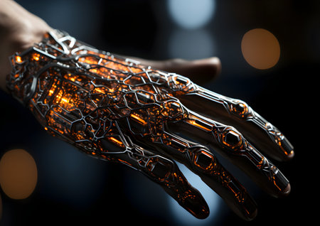 Close-up of human hand with glowing robotic arm. 3D renderingの素材