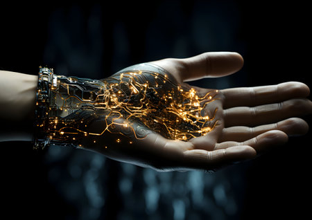 Close up of human hand with circuit board on dark background. Mixed mediaの素材