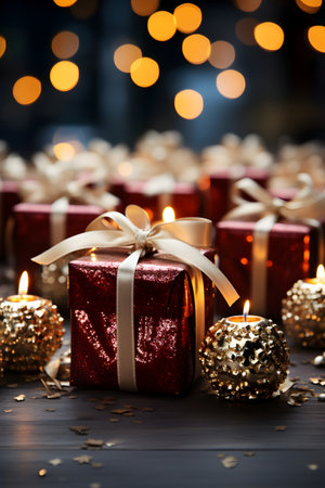 Christmas gift boxes and candles on a dark wooden background with bokehの素材