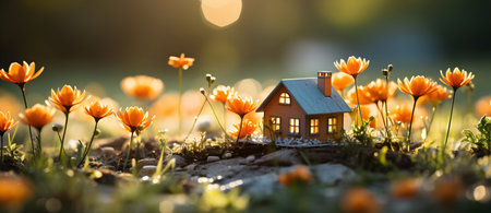 Miniature house on the meadow with orange flowers. Concept of real estate, housing and property.の素材