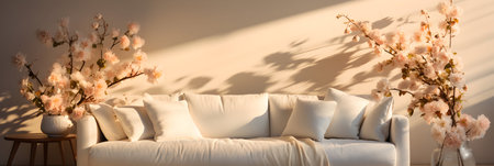 Bouquet of flowers in vase on white sofa in living roomの素材