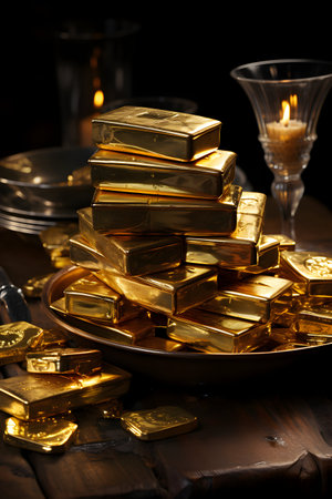 Gold bars in a plate on a wooden table. Black background.の素材