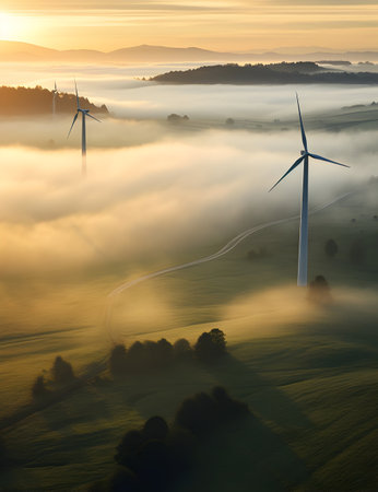 An image of wind turbines in a beautiful misty landscape at sunriseの素材