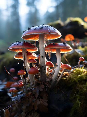 Mushrooms growing in the forest in autumn, close-upの素材