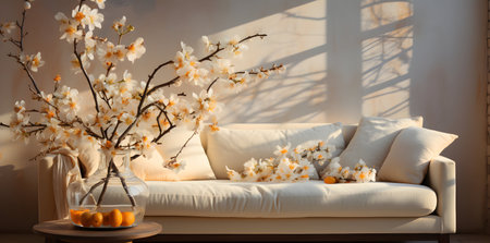 Beautiful spring flowers in vase on sofa in living room interiorの素材