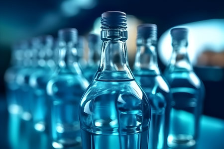Bottles of water on a blue background. 3d rendering.の素材