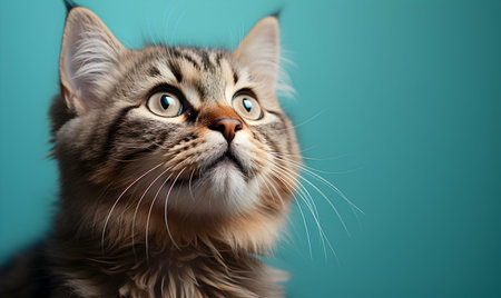 Portrait of Maine Coon cat on blue background with copy spaceの素材
