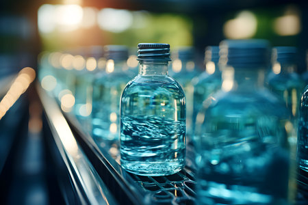 Bottle of clean water on conveyor belt in factory, closeupの素材