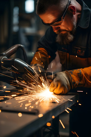 Close-up portrait of a brutal bearded man in a helmet welding metal with a grinder.の素材