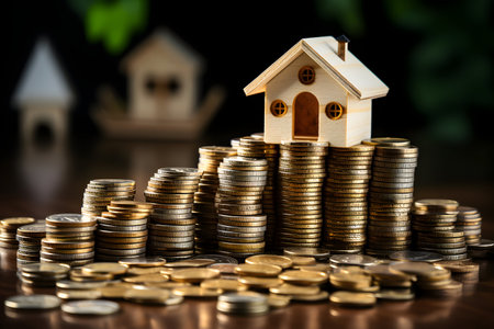 House model on coins stacks for real estate and property investment concept.の素材