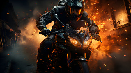 Motorcyclist in protective helmet and black jacket on a motorcycle in fire.の素材