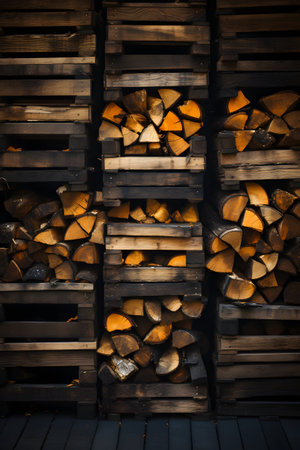 Firewood stacked in a wooden box. Firewood background. Woodpile.の素材
