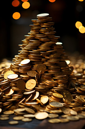 Christmas tree made of gold coins on a dark background. Christmas conceptの素材