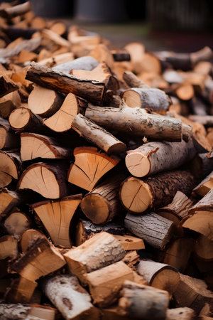 Pile of chopped firewood prepared for winter. Selective focus.の素材