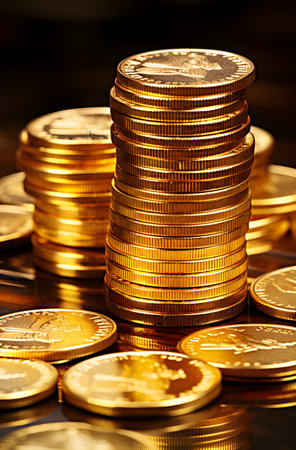 golden coins on the table, business concept, shallow depth of fieldの素材