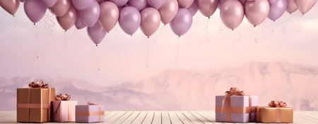 Valentine's day background with pink balloons and gift boxes on wooden tableの素材