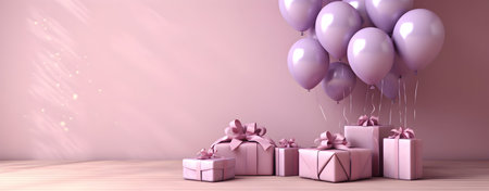 Gift boxes with purple balloons and ribbons. 3D Renderの素材