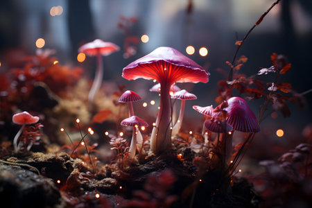Mushrooms in the forest with bokeh lights. Selective focus.の素材