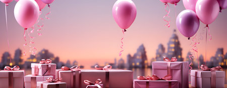 Gift boxes with balloons and ribbons on the background of the city. 3d renderingの素材