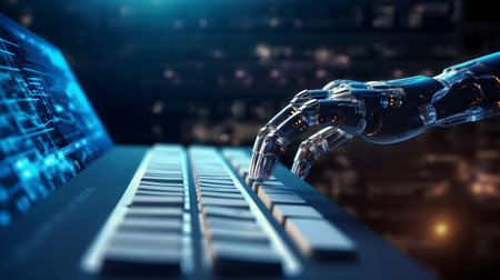 Cyborg hand typing on keyboard. 3d rendering toned image double exposureの素材