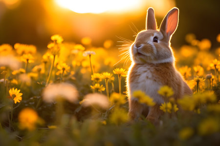 Rabbit on a meadow with yellow flowers in the sunset lightの素材